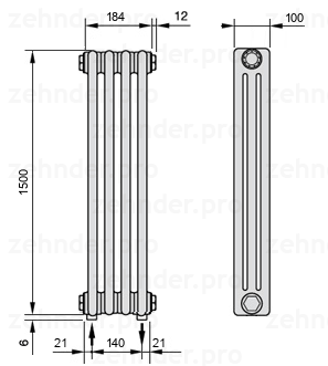 Схема (чертеж) Радиатор Zehnder Charleston 3150/4 №5310 Белый глянцевый RAL 9016